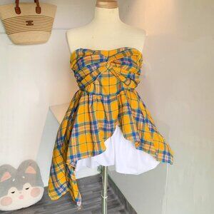 Yellow Plaid Bow Front Strapless Crop Top 💛